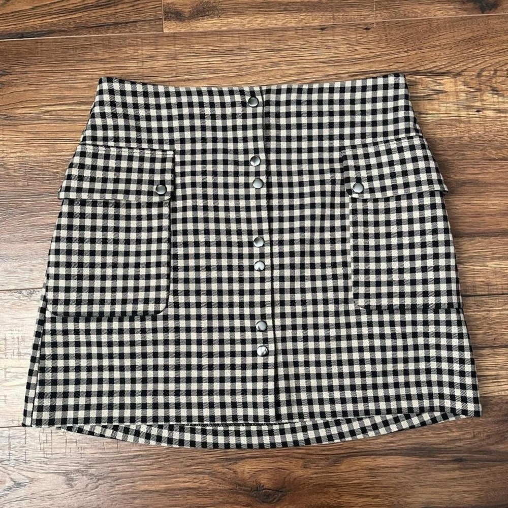 Mango Black‎ Cream Gingham Mini Skirt Cargo Pocket Women Medium Preppy Academia